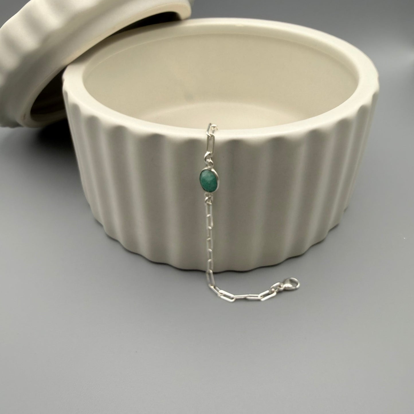 Sterling Silver Amazonite chain bracelet layered on jewellery box
