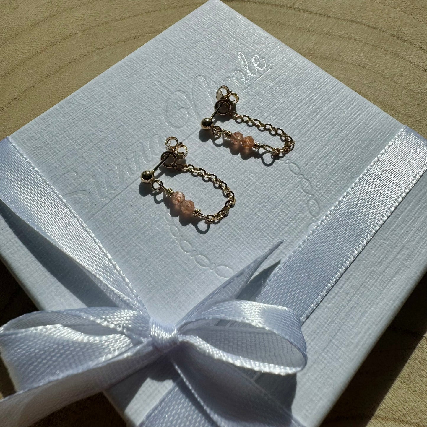 Gold Filled Sunstone Chain Drop Earrings