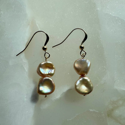 Gold Filled Irregular Champagne Keshi Pearl Drop Earrings