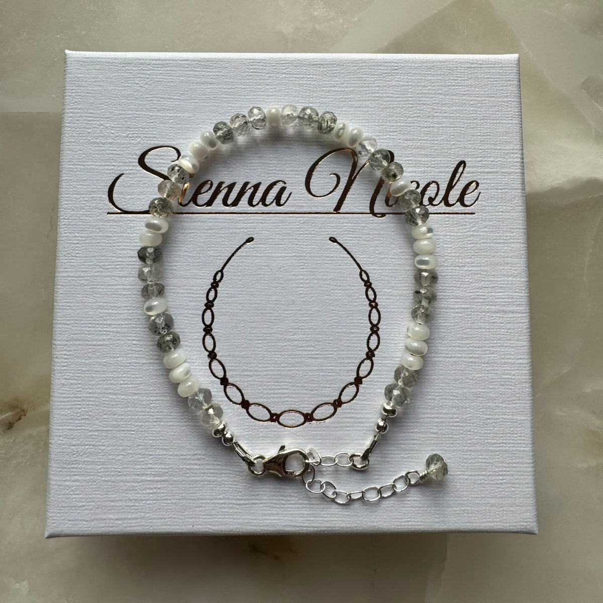 Sterling Silver Moss Quartz and Mother of Pearl Bracelet