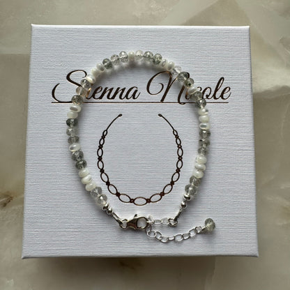 Sterling Silver Moss Quartz and Mother of Pearl Bracelet