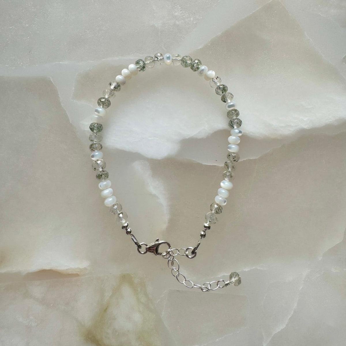 Sterling Silver Moss Quartz and Mother of Pearl Bracelet