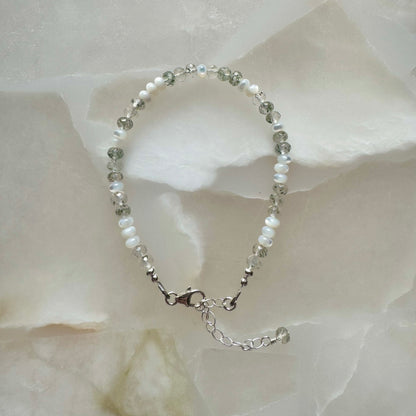 Sterling Silver Moss Quartz and Mother of Pearl Bracelet