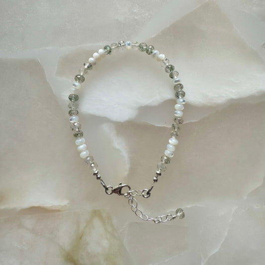 Sterling Silver Moss Quartz and Mother of Pearl Bracelet