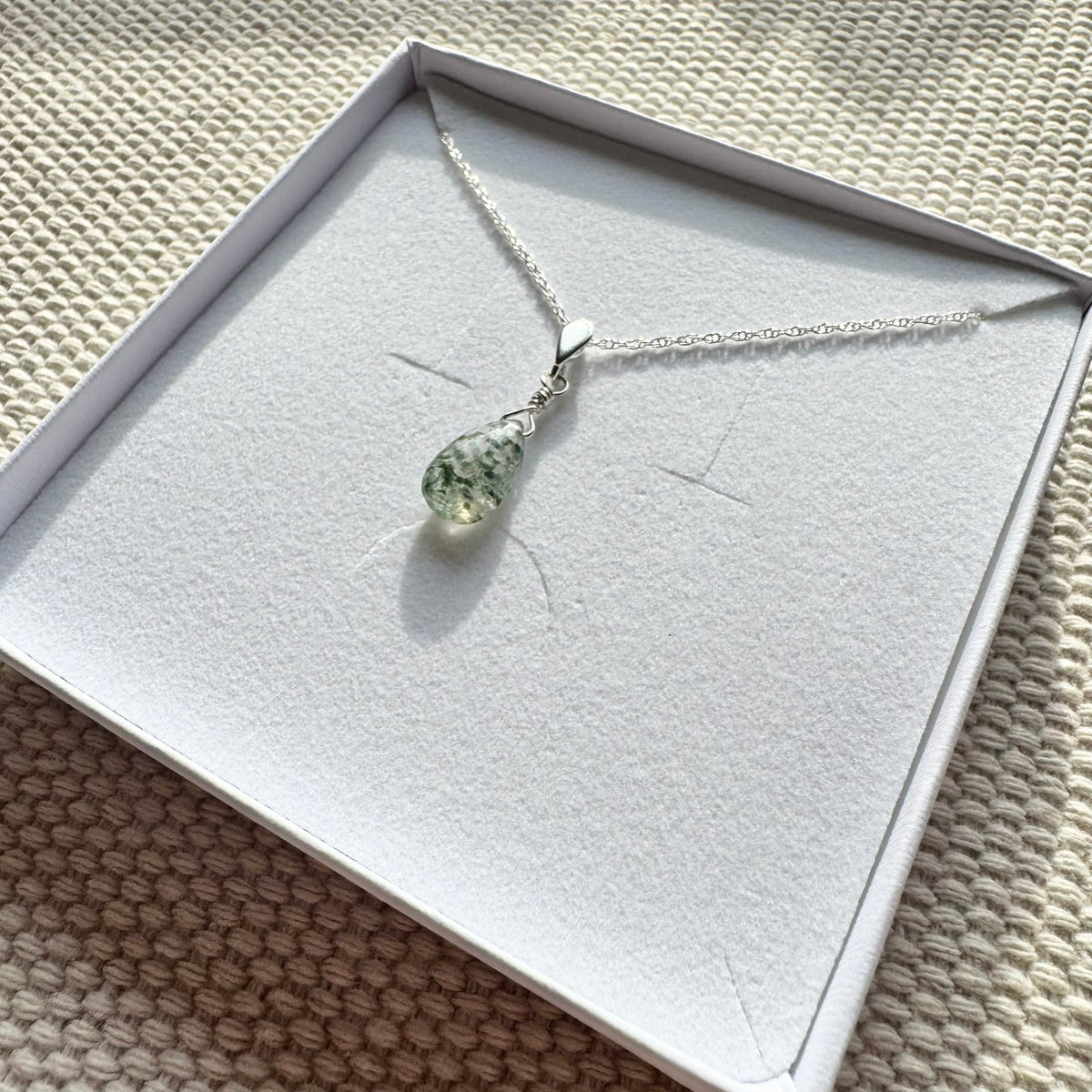 Sterling Silver Moss Quartz Teardrop Necklace