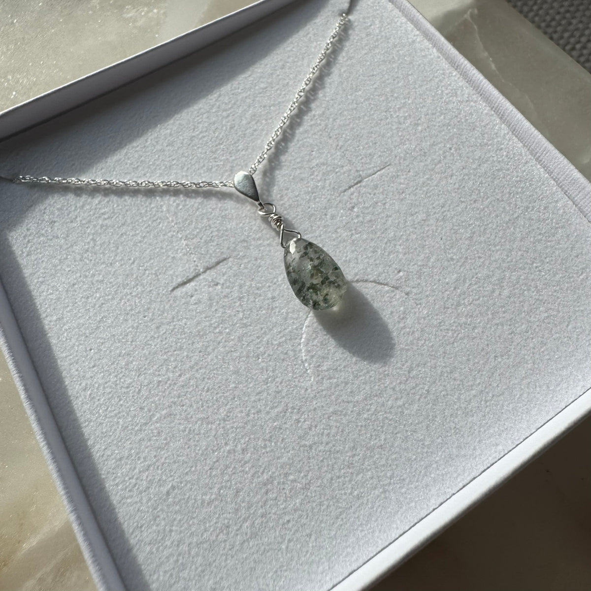 Sterling Silver Moss Quartz Teardrop Necklace