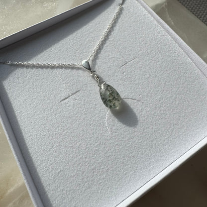 Sterling Silver Moss Quartz Teardrop Necklace