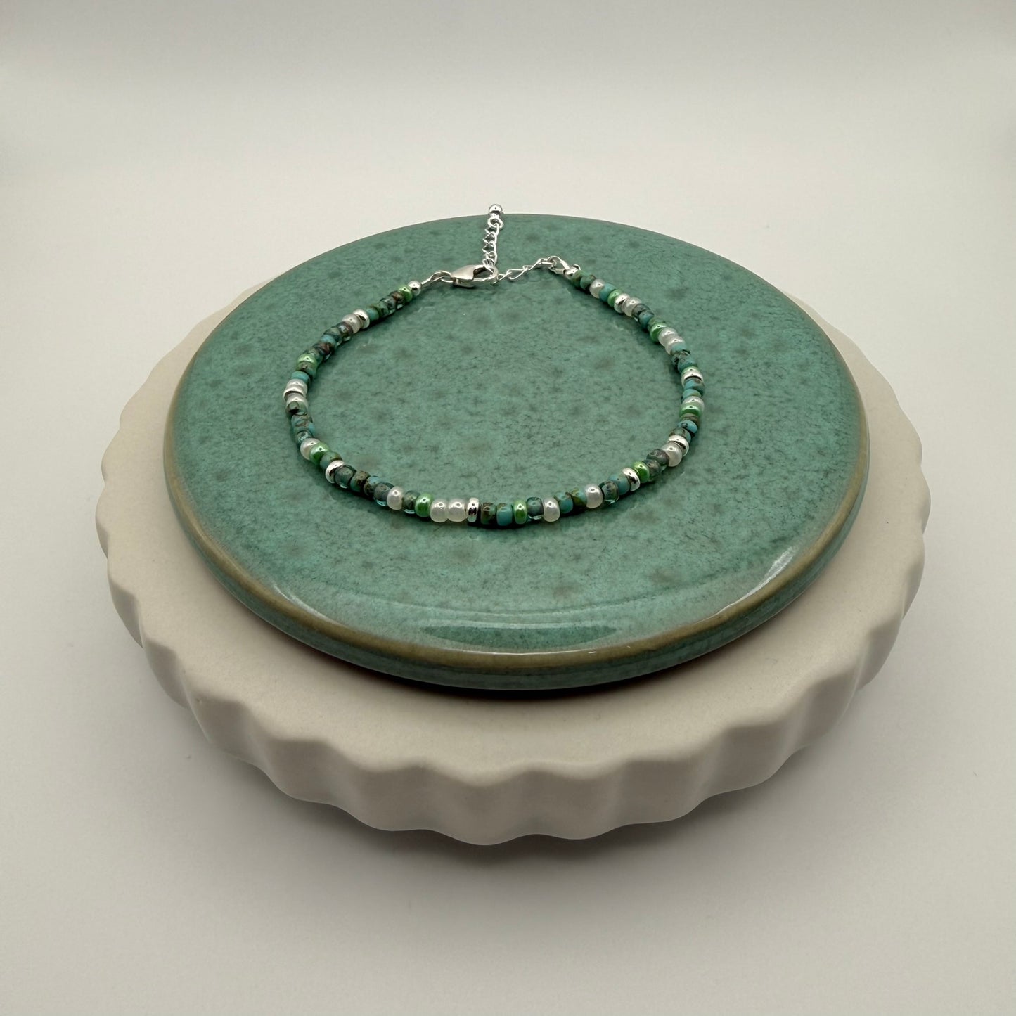 Sterling Silver Sea Green Beaded Bracelet