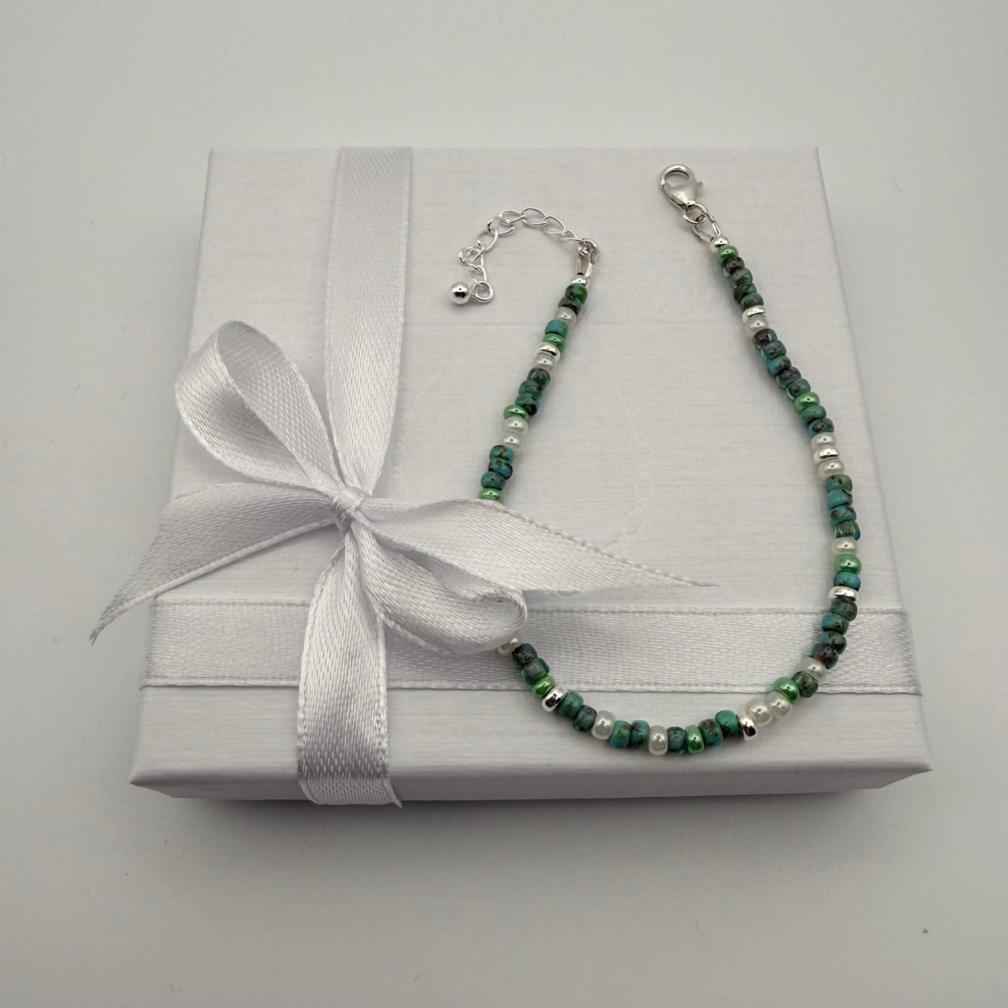 Sterling Silver Sea Green Beaded Bracelet