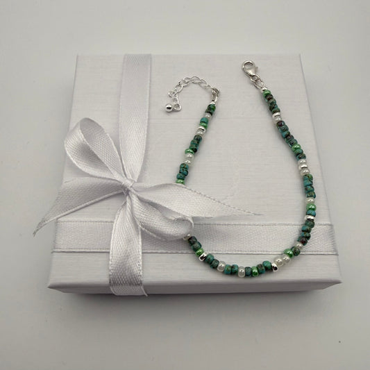Sterling Silver Sea Green Beaded Bracelet