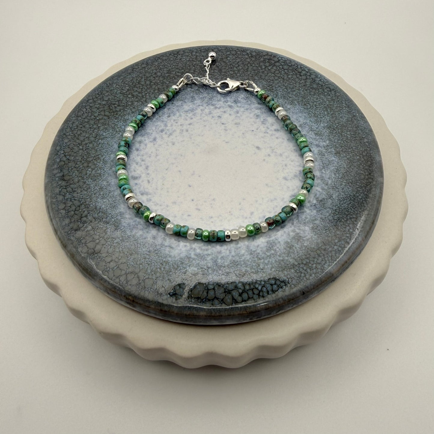 Sterling Silver Sea Green Beaded Bracelet