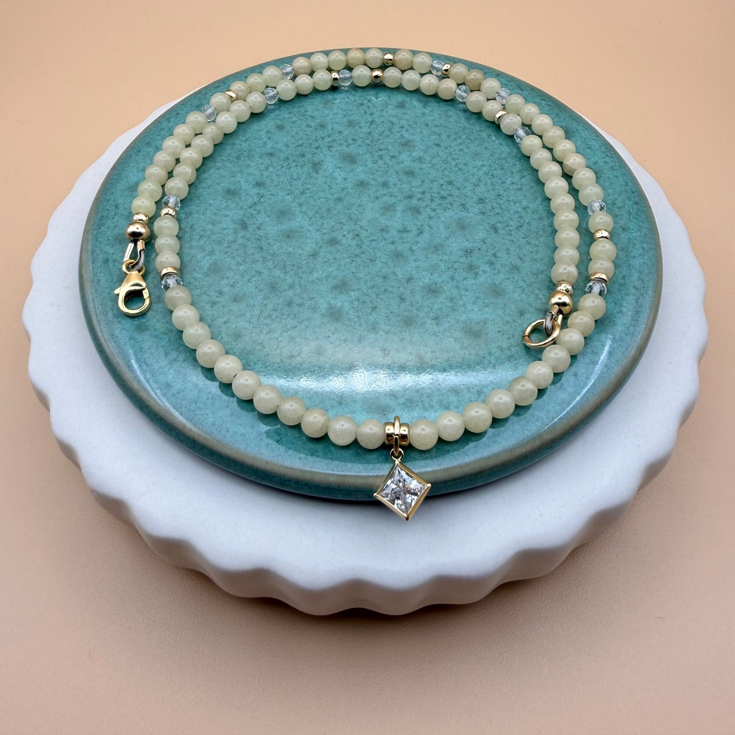 Gold, Aragonite,Crystal Beaded Necklace