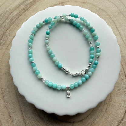 Sterling Silver, Amazonite, Crystal Beaded Necklace