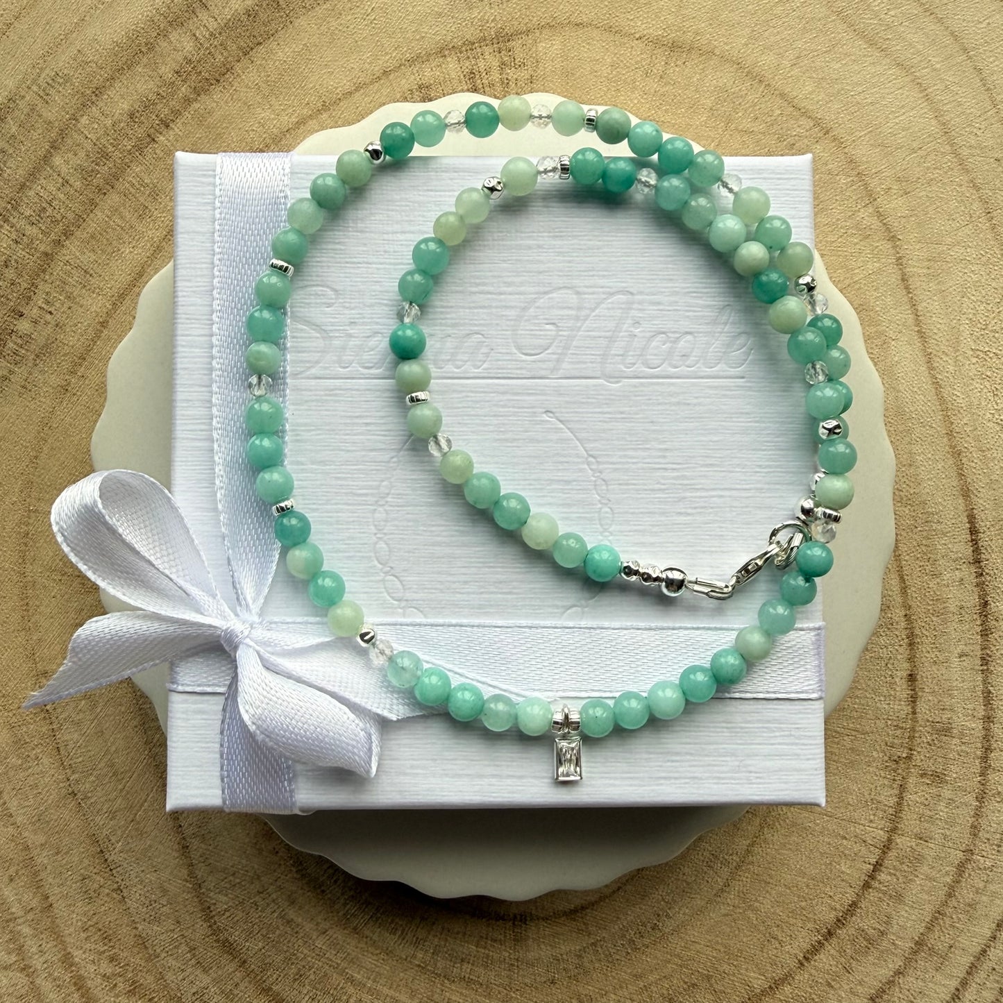 Sterling Silver, Amazonite, Crystal Beaded Necklace