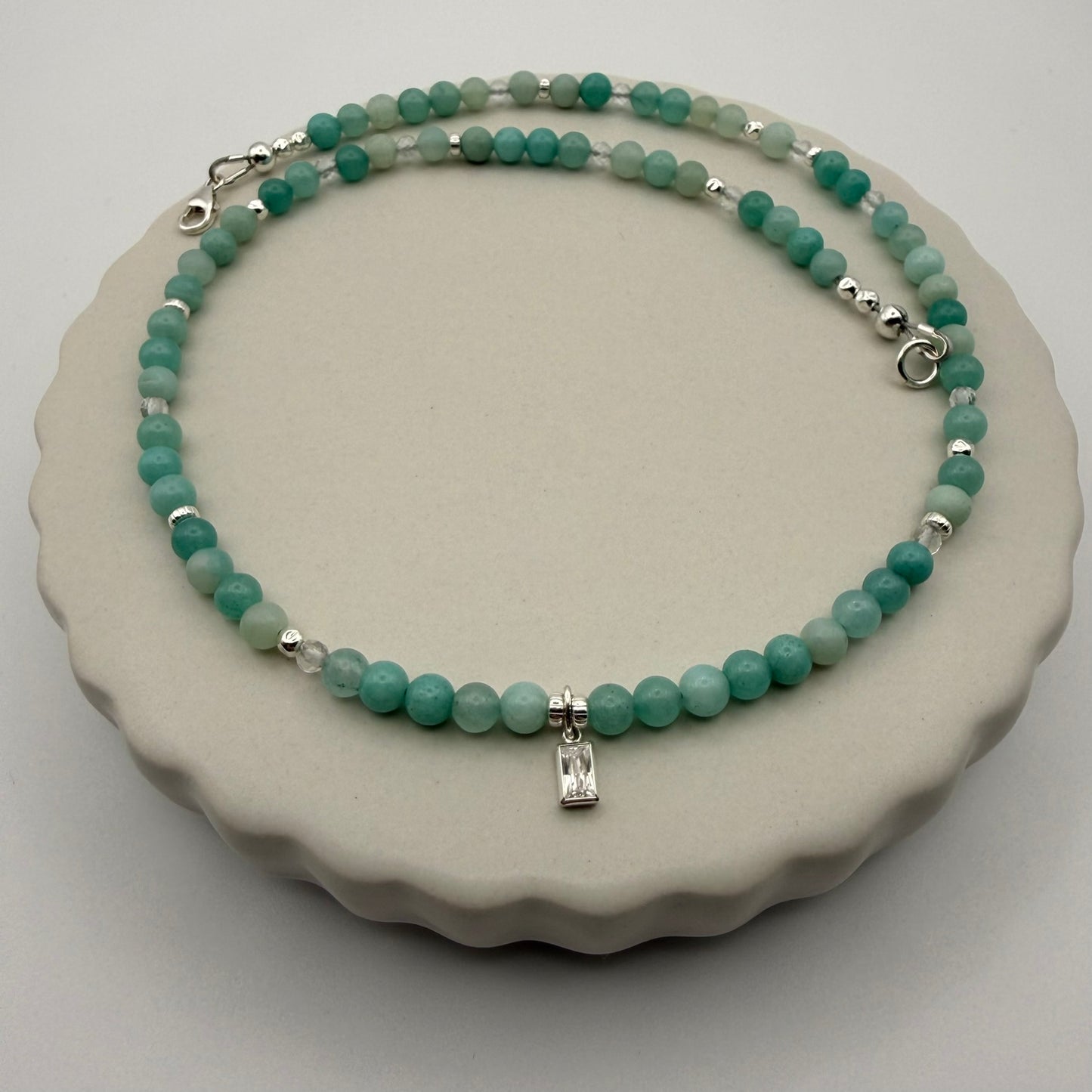 Sterling Silver, Amazonite, Crystal Beaded Necklace