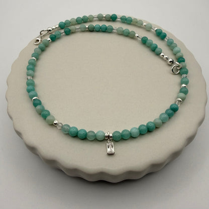 Sterling Silver, Amazonite, Crystal Beaded Necklace