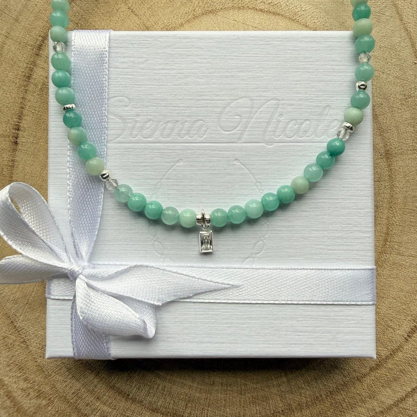 Sterling Silver, Amazonite, Crystal Beaded Necklace