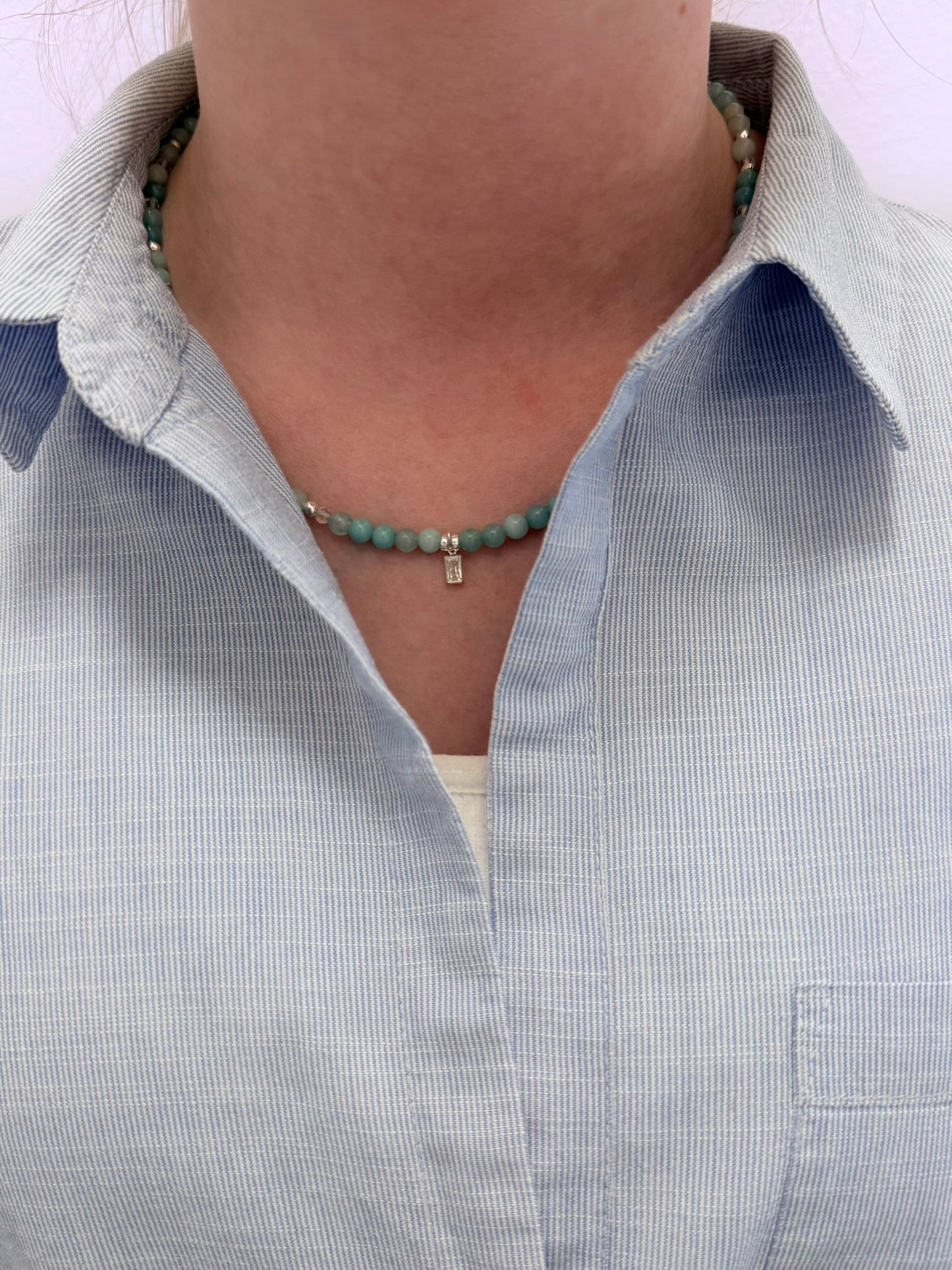 Sterling Silver, Amazonite, Crystal Beaded Necklace