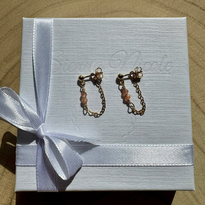 Gold filled chain and gemstone drop earrings on gift packaging
