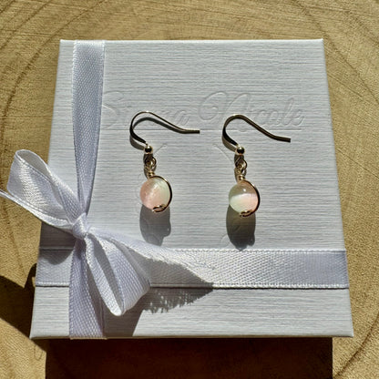 Gold filled and selenite gemstone drop earrings in a white gift box with ribbon