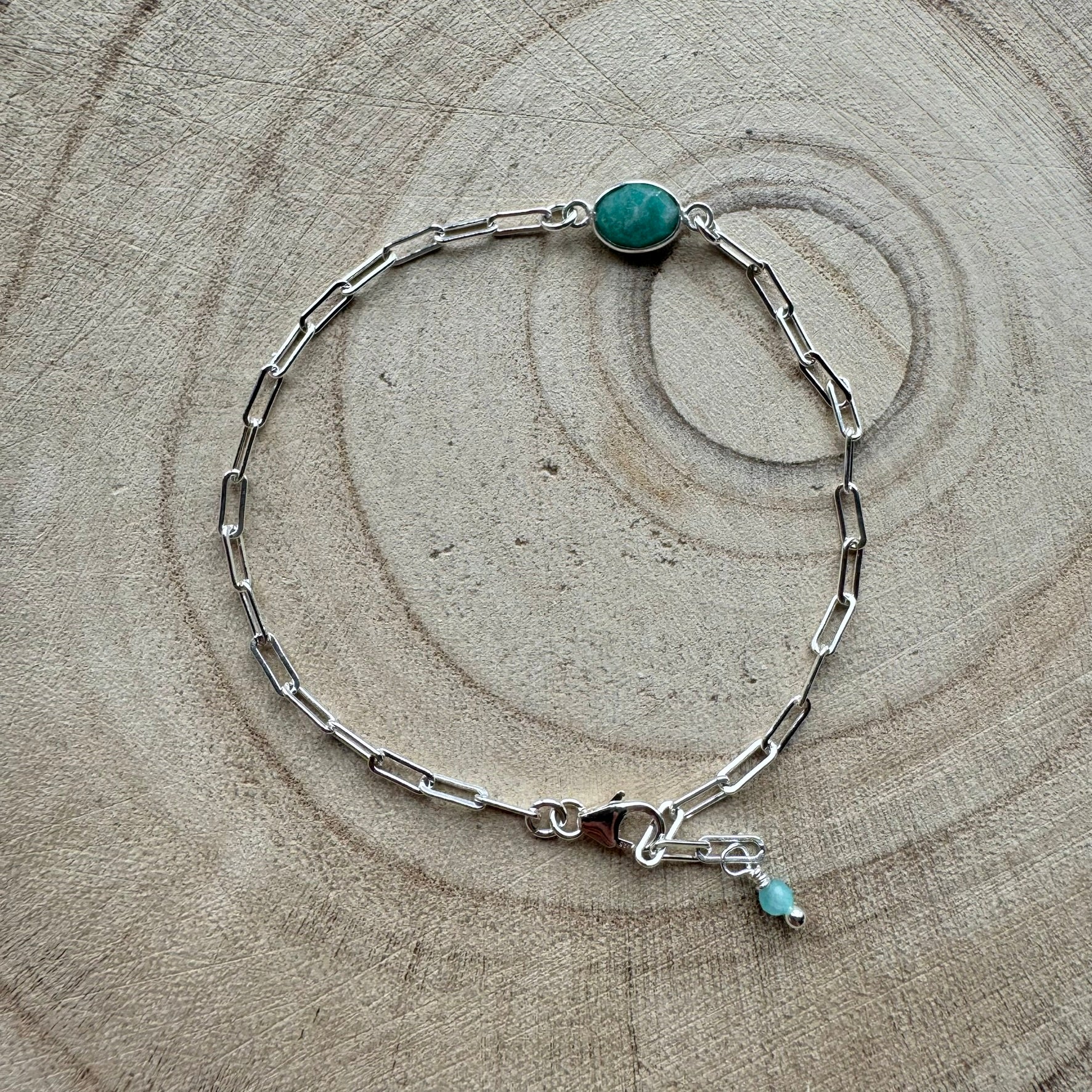 Sterling Silver Amazonite chain bracelet on wooden surface