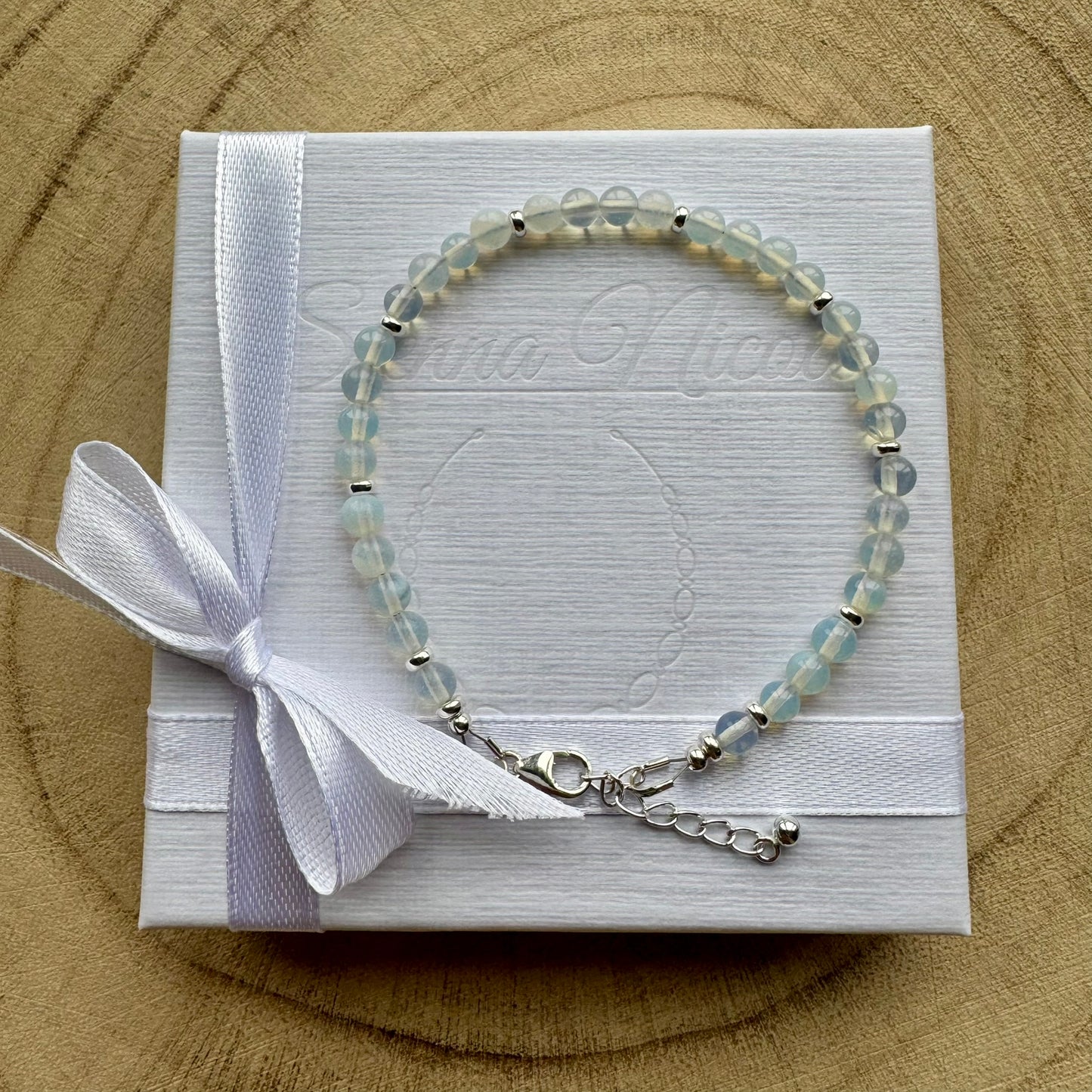 Sterling silver opalite bracelet on gift packaging